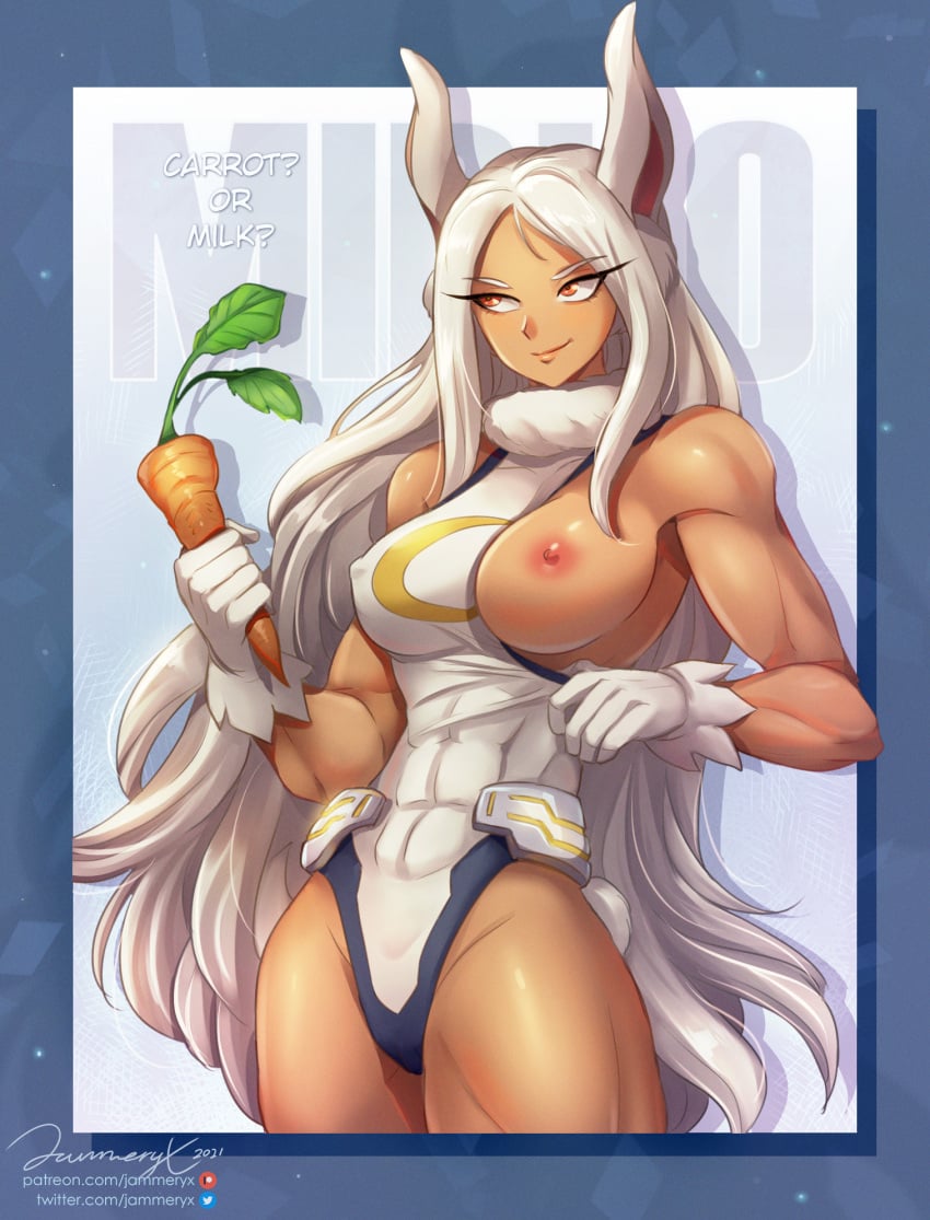 1girls abs breasts breasts_out bunny_ears carrot dark-skinned_female dark_skin female female_only jammeryx long_hair miruko my_hero_academia orange_eyes rumi_usagiyama shiny shiny_skin shounen_jump silver_hair solo toned_female