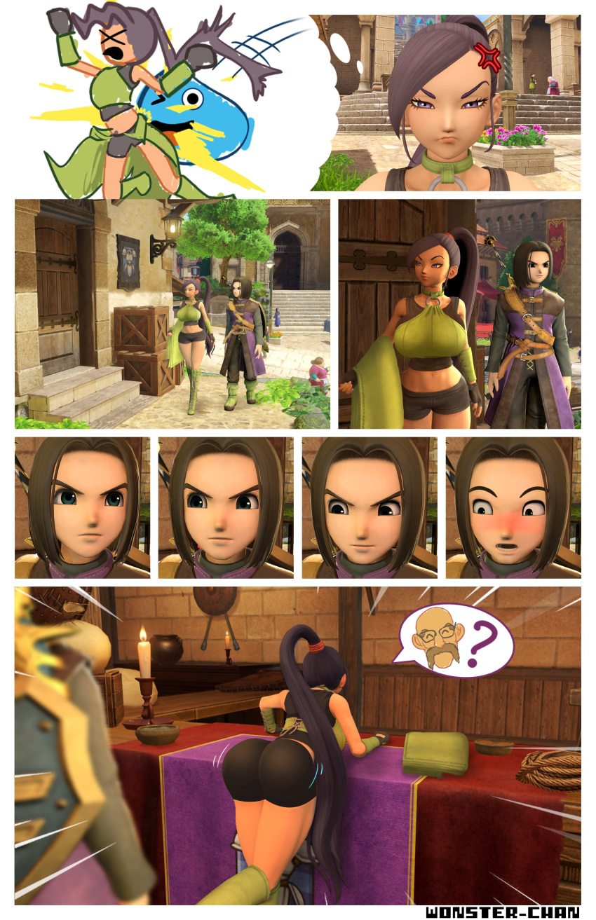 clothing comic dragon_quest dragon_quest_xi female female_focus hero_(dq11) human human_only jade_(dq11) large_breasts light-skinned_female light-skinned_male light_skin male male/female shorts tagme wonster-chan