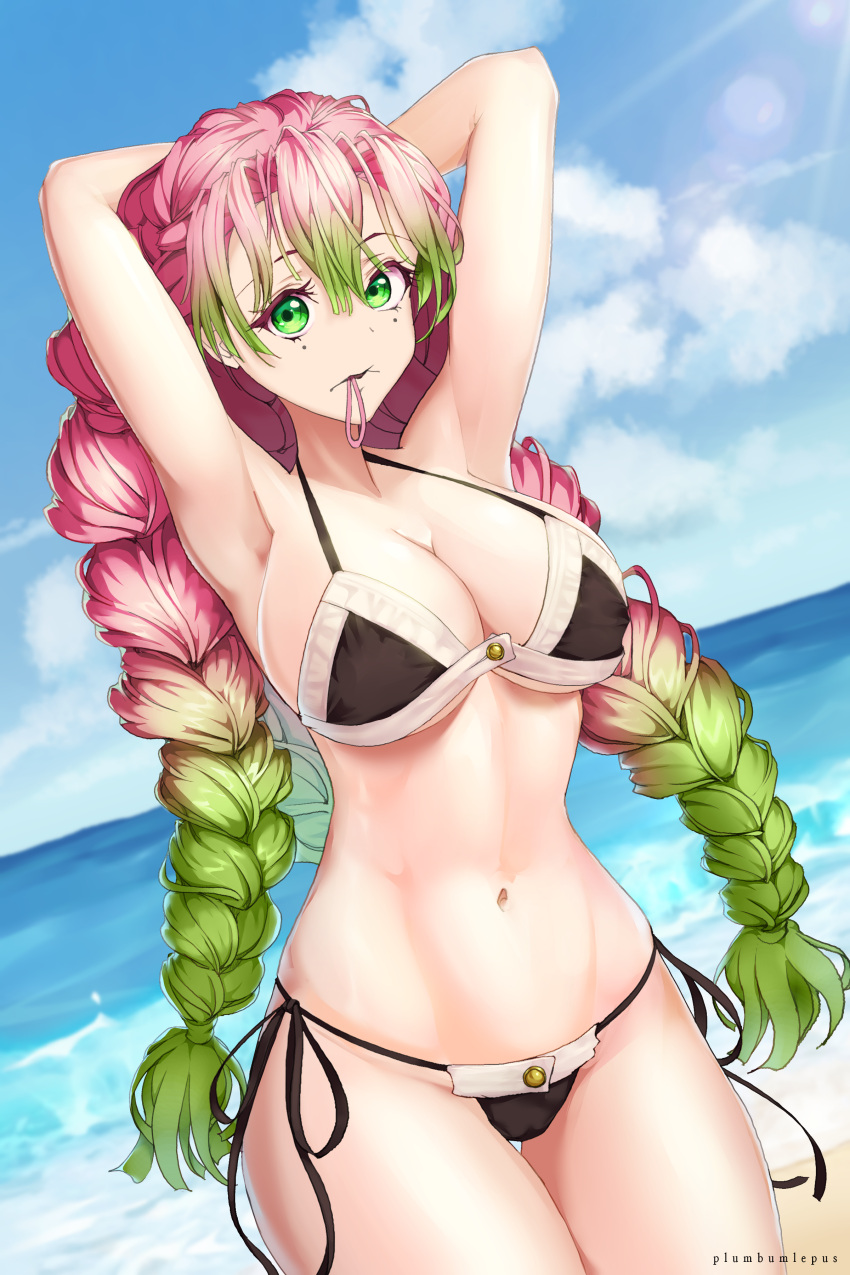 armpits arms_behind_head arms_up beach big_breasts bikini black_bikini braided_hair demon_slayer female female_only green_eyes hourglass_figure kanroji_mitsuri kimetsu_no_yaiba looking_at_viewer mole_under_eye outside pink_hair plumbum side-tie_bikini solo swimsuit two_tone_hair tying_hair underboob very_long_hair wide_hips