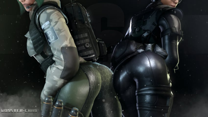 2girls 3d artist_name asian ass black_hair chin_length_hair clothed dat_ass dokkaebi_(rainbow_six) ela_(rainbow_six) european female_only green_eyes green_hair hat korean latex polish rainbow_six rainbow_six_siege sunglasses tagme tom_clancy wonster-chan