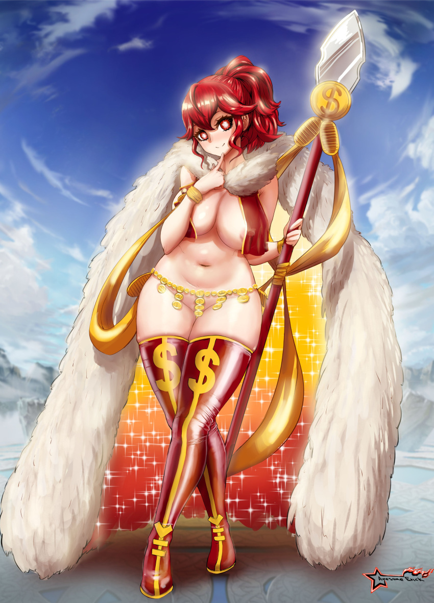 1girls anna_(fire_emblem) awesomeerix bad_censor boots breast_curtains cape censored covered_nipples covering finger_to_own_chin fire_emblem lance large_breasts looking_at_viewer medium_hair naked_boots naked_cape nintendo nude nude_female ponytail red_eyes red_hair revealing_clothes solo sparkle thigh_boots weapon