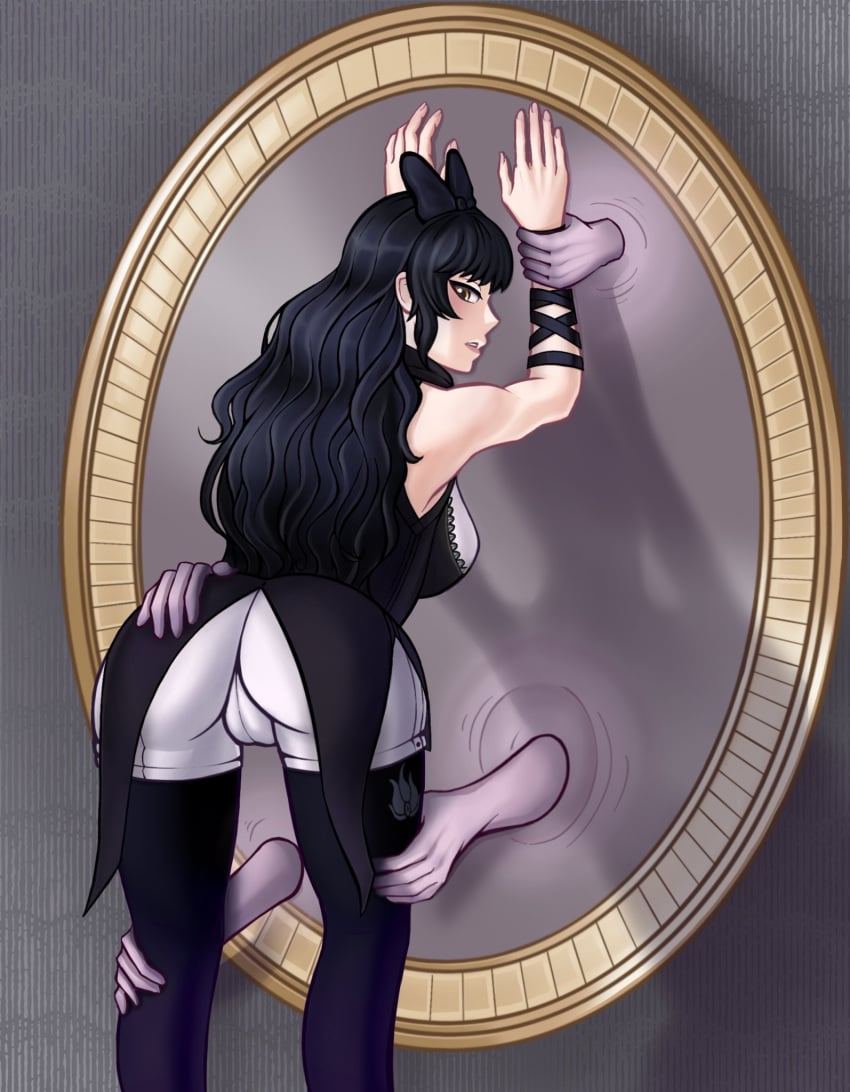 against_mirror ass black_hair black_socks blake_belladonna bqseven cameltoe catgirl clothed disembodied_hand disembodied_hands disembodied_limb from_behind grabbing gradient_socks hair_ribbon hand_on_ass hand_on_leg holding holding_hands holding_legs imminent_sex long_hair looking_at_viewer looking_back mirror purple_socks ribbon ribbons rwby socks thigh_socks thighhighs thighs tight_clothing tights yellow_eyes