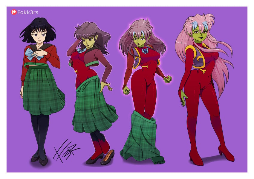 1girls an_(character) bishoujo_senshi_sailor_moon breast_expansion clothing female female_only fokk3rs green_skin hotaru_tomoe identity_death pink_hair red_bodysuit skirt small_breasts solo solo_female transformation