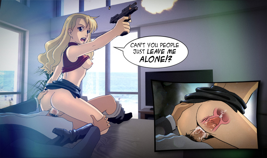 1boy ass bare_shoulders black_footwear blonde_hair blue_eyes blush boots breasts clothed_sex clothes_lift cowgirl_position cum cum_in_pussy doodlepoodle faceless_male female firearm firing gun handgun high_heels highres indoors long_hair medium_breasts mireille_bouquet multiple_views multitasking nipples no_bra noir_(anime) open_mouth plant potted_plant pussy reverse_cowgirl_position sex shiny shiny_hair shirt_lift skirt skirt_around_belly skirt_lift speech_bubble straddling straight vaginal vaginal_penetration weapon