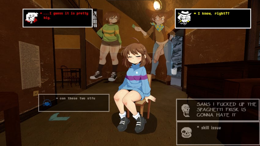 absurd_res aged_up ai_generated ambiguous_gender anthro balls bottomwear brown_hair chair chara closed_eyes clothed clothing clover_(undertale_yellow) english_text female female_frisk footwear frisk frisk_(undertale) furniture ghost group hair hellsonger hi_res human large_penis male mammal pants shoes shorts sitting stool sweater text topwear trio undertale undertale_(series) undertale_red_and_yellow