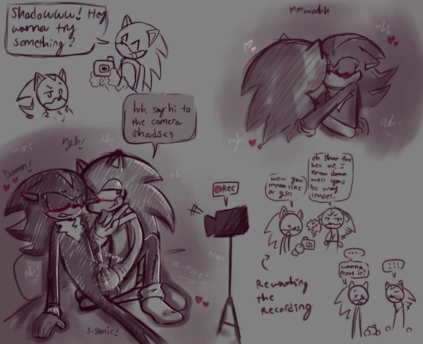 2boys blushing camera cum gay gloves grey_background hearts holding kissing masturbating_other recording shadow_the_hedgehog sketch_page sonadow sonic_the_hedgehog submissive_male teasing text