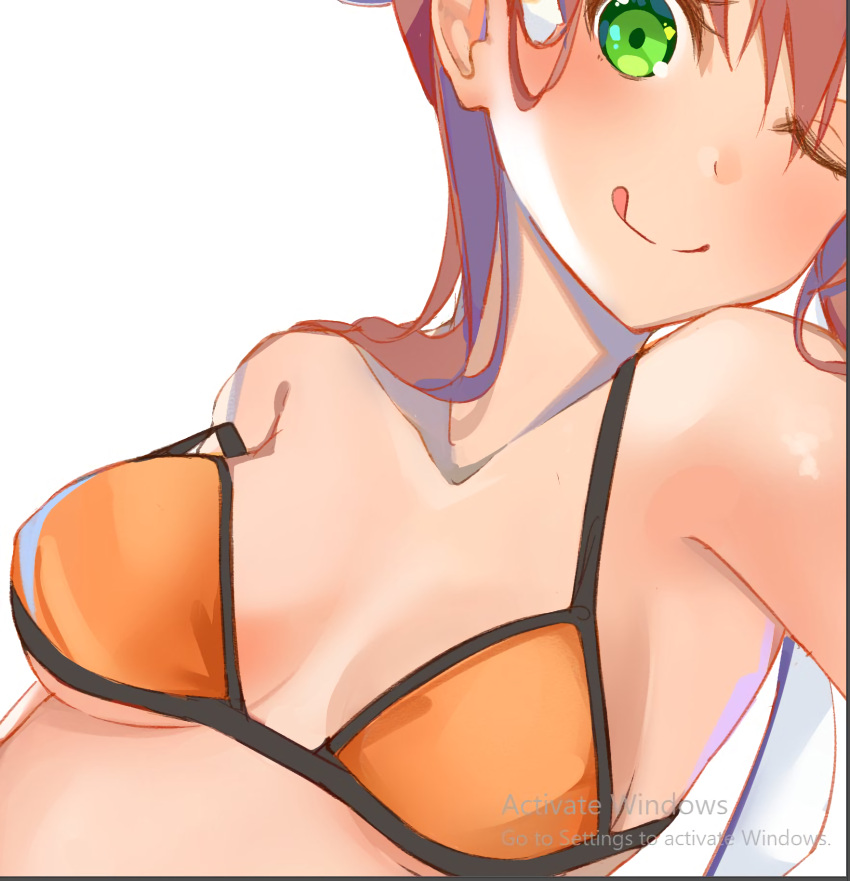 1girls active_windows big_breasts bikini bikini_top breasts brown_hair doki_doki_literature_club female green_eyes looking_at_viewer loose_bikini monika_(doki_doki_literature_club) orange_bikini solo solo_female sticking_out_tongue tongue tongue_out tsunzei wink winking winking_at_viewer xhunzei