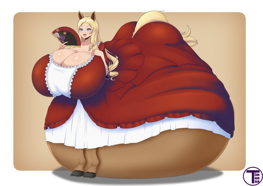 1girls alternate_breast_size animal_ears areolae artist_name belly belly_bigger_than_body belly_on_ground bloated_belly blonde_hair blue_eyes blush breasts breasts_bigger_than_head centaur centauress cleavage clothed clothing female female_focus folding_fan gigantic_belly gigantic_breasts horse_ears hyper hyper_belly hyper_pregnancy kemonomimi long_hair nipples original original_character pregnant pregnant_female ready_to_pop round_belly simple_background timaeus