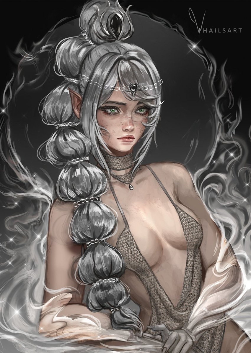 1girls artist_name baldur's_gate baldur's_gate_3 breasts cleavage dress dungeons_and_dragons female female_only forgotten_realms half-elf shadowheart small_breasts solo solo_female whailsart white_hair