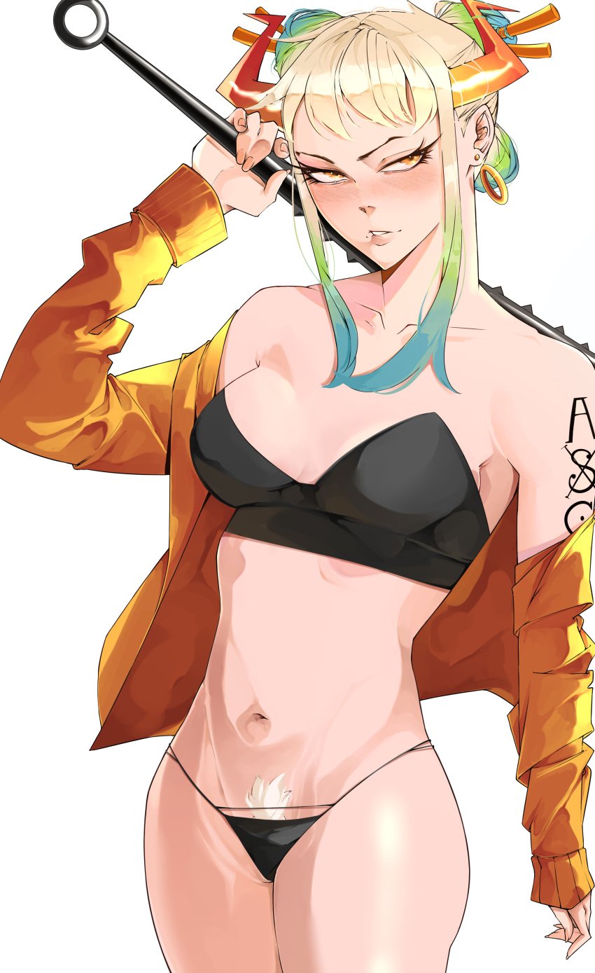 1girls bare_shoulders black_bra black_clothes black_panties black_underwear blonde_hair blue_hair blush bra breasts clavicle cleavage closed_mouth clothing club_(weapon) cowboy_shot curled_horns earrings female female_pubic_hair green_hair hair_bun hair_ornament hair_stick holding holding_weapon hoop_earrings horns jacket jewelry jobin_chan long_hair long_sleeves looking_at_viewer medium_breasts multicolored_hair multicolored_horns navel off_shoulder oni open_clothes open_jacket orange_eyes pantsu pubic_hair pubic_hair_peek red_horns sidelocks simple_background solo standing stomach strapless strapless_bra tattoo tied_hair underwear weapon white_background yamato_(one_piece) yellow_eyes