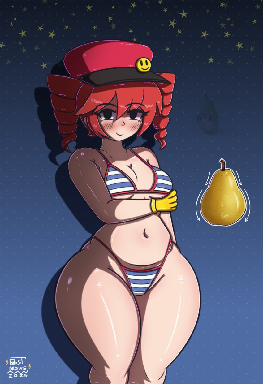 1girls 2d 2d_(artwork) bikini blush bottom_heavy breasts cleavage cleft_of_venus curvaceous curvy curvy_female embarrassed erofabist fabstdraws female female_only fruit hat hourglass_figure huge_hips huge_thighs kasane_teto kasane_teto_(sv) medium_breasts meme meme_reference mesmerizer_(vocaloid) mesmerizer_teto navel pear_shaped_female red_eyes red_hair small_bikini solo solo_female synthesizer_v thick_thighs thighs twin_drills utau wide_hips