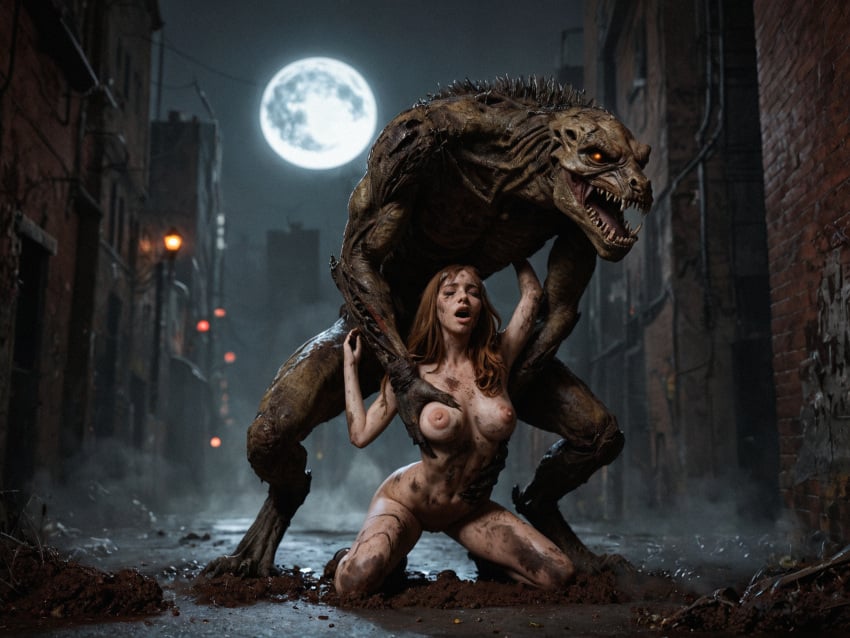 1boy 1girls ai_generated female_human female_human/male_feral female_human/male_monster feral_on_female feral_on_human full_moon interspecies interspecies_sex male_feral male_feral/female_human male_monster monster monster_on_female monster_on_human monster_penetrating noone3d petite slim slim_waist