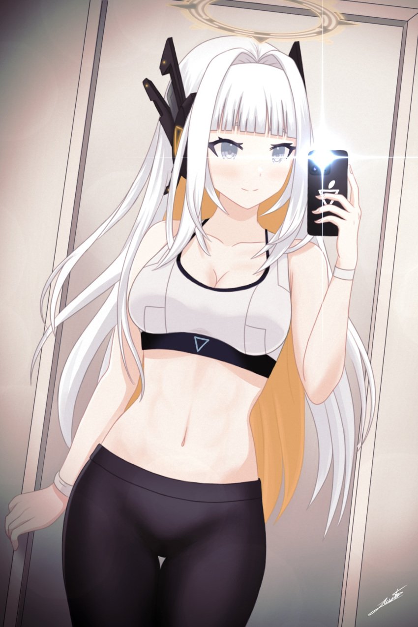 1girls 2d 2d_(artwork) alternate_costume artist_request eru_nabura female female_focus female_only front_view indie_virtual_youtuber latam_virtual_youtuber light-skinned_female light_skin long_hair mirror_selfie selfie slim_girl solo solo_female solo_focus vtuber vtuberfanart white_hair workout workout_clothes yellow_hair