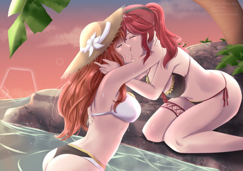 2girls alternate_costume anna_(fire_emblem) anthiese_lima ass big_ass bikini black_bikini black_swimsuit celica_(fire_emblem) cheating closed_eyes female_only fire_emblem fire_emblem_echoes:_shadows_of_valentia fire_emblem_gaiden fire_emblem_warriors hug kissing kneeling large_breasts long_hair medium_breasts medium_hair nintendo orange_hair palm_tree ponytail red_hair rinku_bny sun_hat sunset swimsuit tree yuri