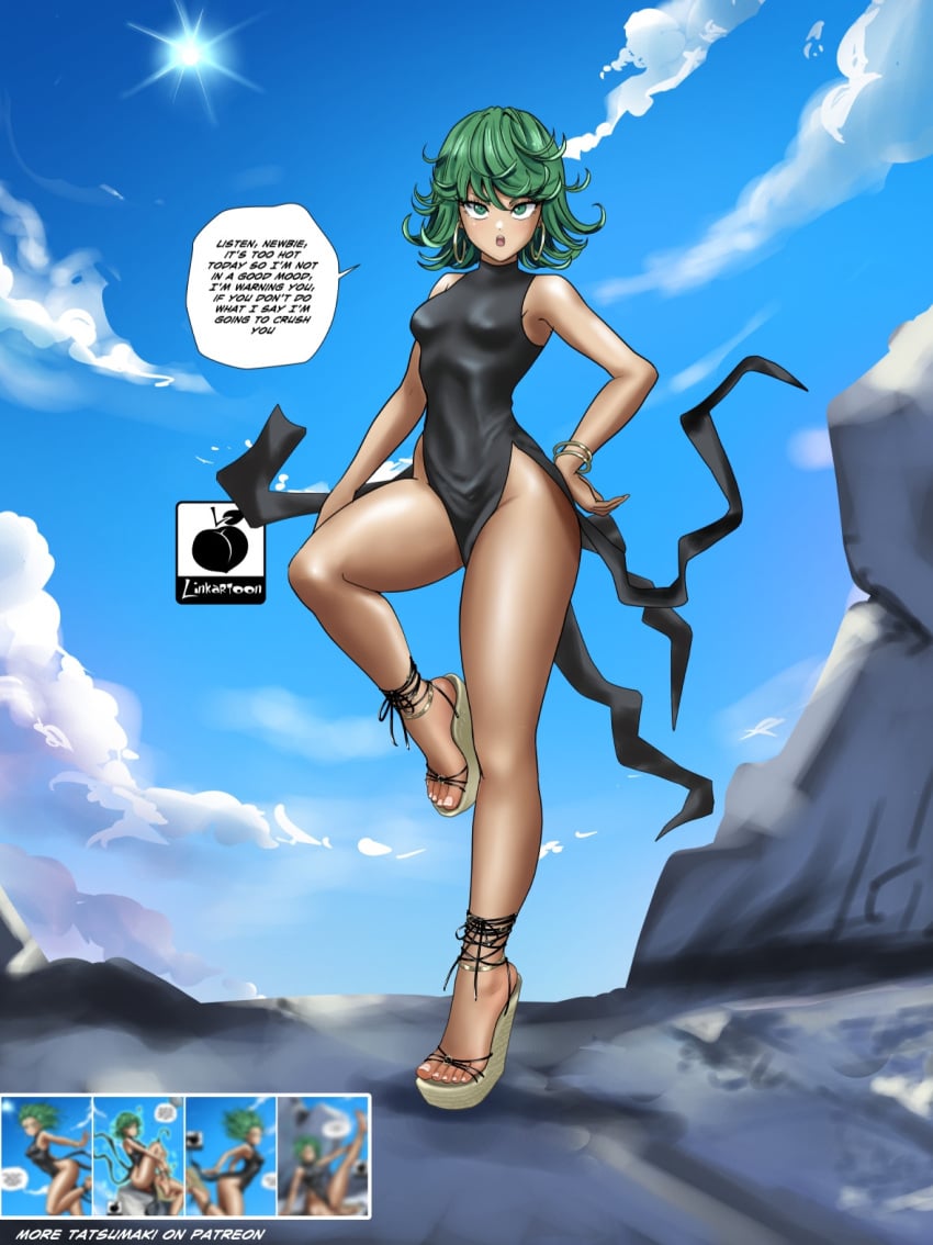 1girls bracelet dress dress_lift earrings female_focus full_body green_eyes green_hair hand_on_hip high_heel_sandals hoop_earrings jewelry linkartoon looking_at_viewer matching_hair/eyes one_punch_man platform_footwear sandals short_hair small_breasts solo speech_bubble tatsumaki thick_thighs thighs