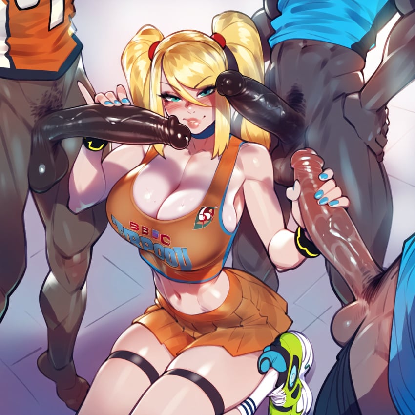 1girls 3boys ai_generated basketball_uniform big_breasts big_penis blonde_female blonde_hair breasts cheerleader cheerleader_outfit cleavage dark-skinned_male gangbang grabbing_penis happy holding holding_penis imminent_sex interracial kneeling light-skinned_female looking_at_viewer metroid nintendo novelai penis penis_out pigtails samus_aran seductive seductive_smile skirt smile smiling_at_viewer sneakers standing surrounded_by_penises touching_penis twitwit veiny_penis voluptuous voluptuous_female