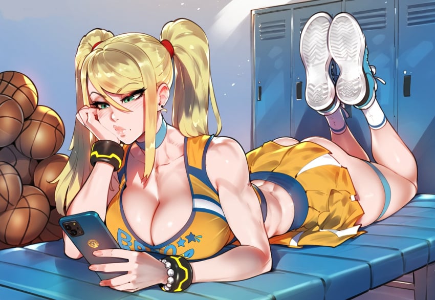 1girls ai_generated ass basketball bench big_breasts blonde_female blonde_hair bored bracelet breasts busty cheerleader cheerleader_uniform choker cleavage female female_focus female_only hair holding_phone indoors light-skinned_female locker locker_room looking_at_phone looking_down lying lying_on_stomach metroid novelai phone pose samus_aran skirt sneakers socks solo solo_female solo_focus twintails twitwit waiting wrist_cuffs wristband