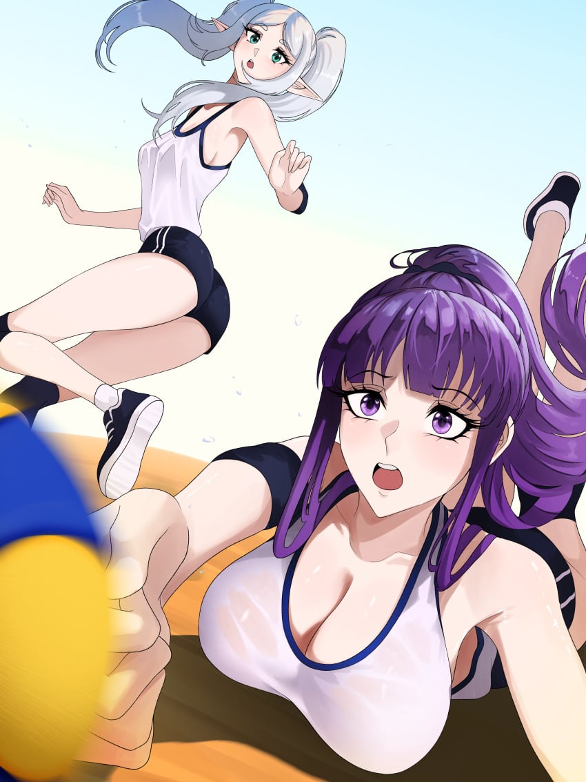 big_breasts bigger_female cleavage falling fern_(sousou_no_frieren) frieren long_hair opalisart purple_hair small_breasts smaller_female sousou_no_frieren sports_bra sportswear tagme volleyball volleyball_uniform white_hair