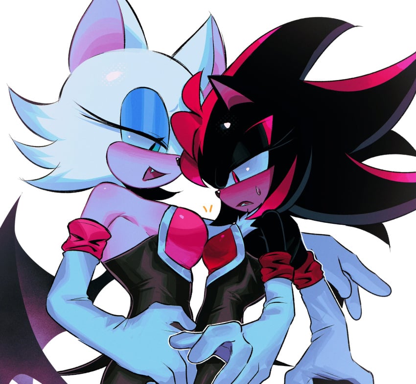 bedroom_eyes blush breast_size_difference breast_squish chest_tuft dominant_female eyelashes eyeliner fangs genderswap_(mtf) gloves lezdom mascara mobian_(species) red_eyes rouge_the_bat rouge_the_bat_(cosplay) seductive_smile shadow_the_hedgehog sonic_(series) sonic_the_hedgehog_(series) tomboy touching_breasts tsundere wings yuri