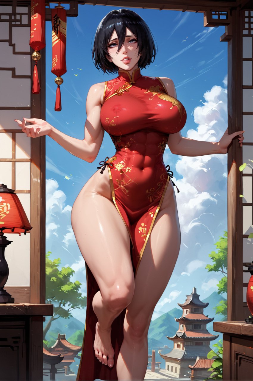 ai_generated architecture attack_on_titan bare_shoulders barefoot big_breasts black_hair blue_sky breasts building china_dress chinese_clothes cloud cloudy_sky covered_navel day dress east_asian_architecture female hair_between_eyes lantern large_breasts looking_at_viewer mature mature_female mikasa_ackerman milf naughtygirlsai outdoors red_dress short_hair shrine sky sleeveless sleeveless_dress solo standing thick_thighs torii window