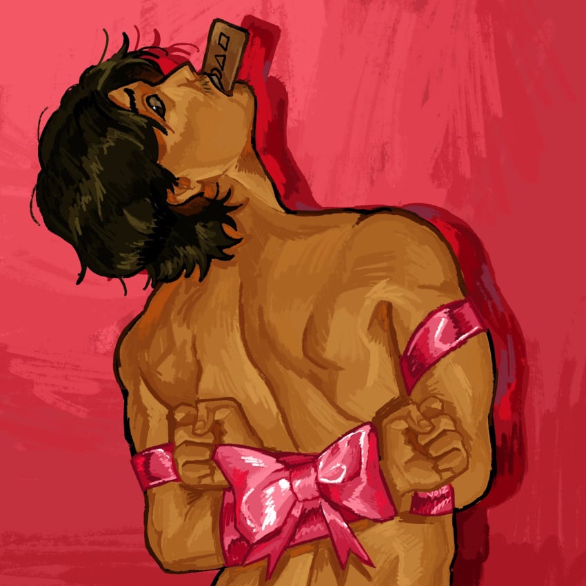 arms_tied_behind_back arms_up back_view black_hair card_in_mouth facial_hair long_hair looking_at_viewer looking_back_at_viewer male_only naked_male restrained ribbon ribbon_bondage seong_gi-hun shirtless solo_focus squid_game tan_skin tied_up