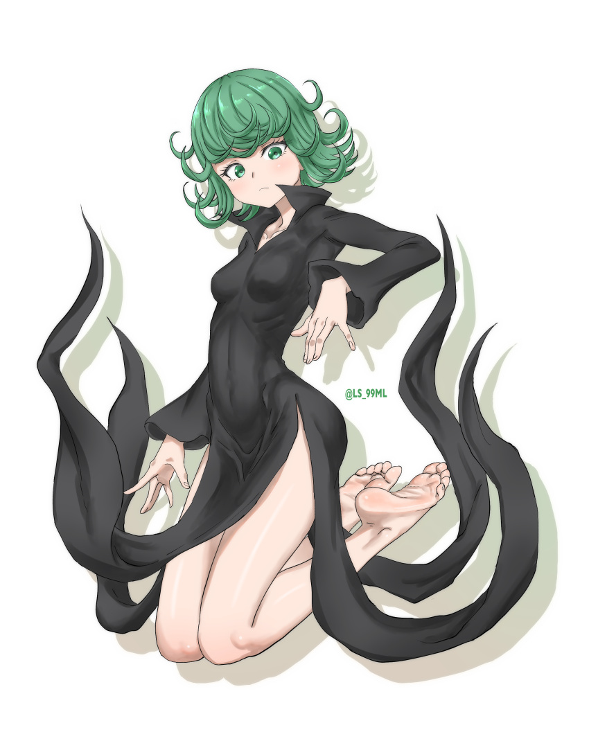 1girls barefoot black_dress blush feet female female_only fit fully_clothed green_eyes green_hair ls_99ml one-punch_man simple_background small_breasts soles solo tatsumaki tight_clothing tight_fit toes tsukimaru