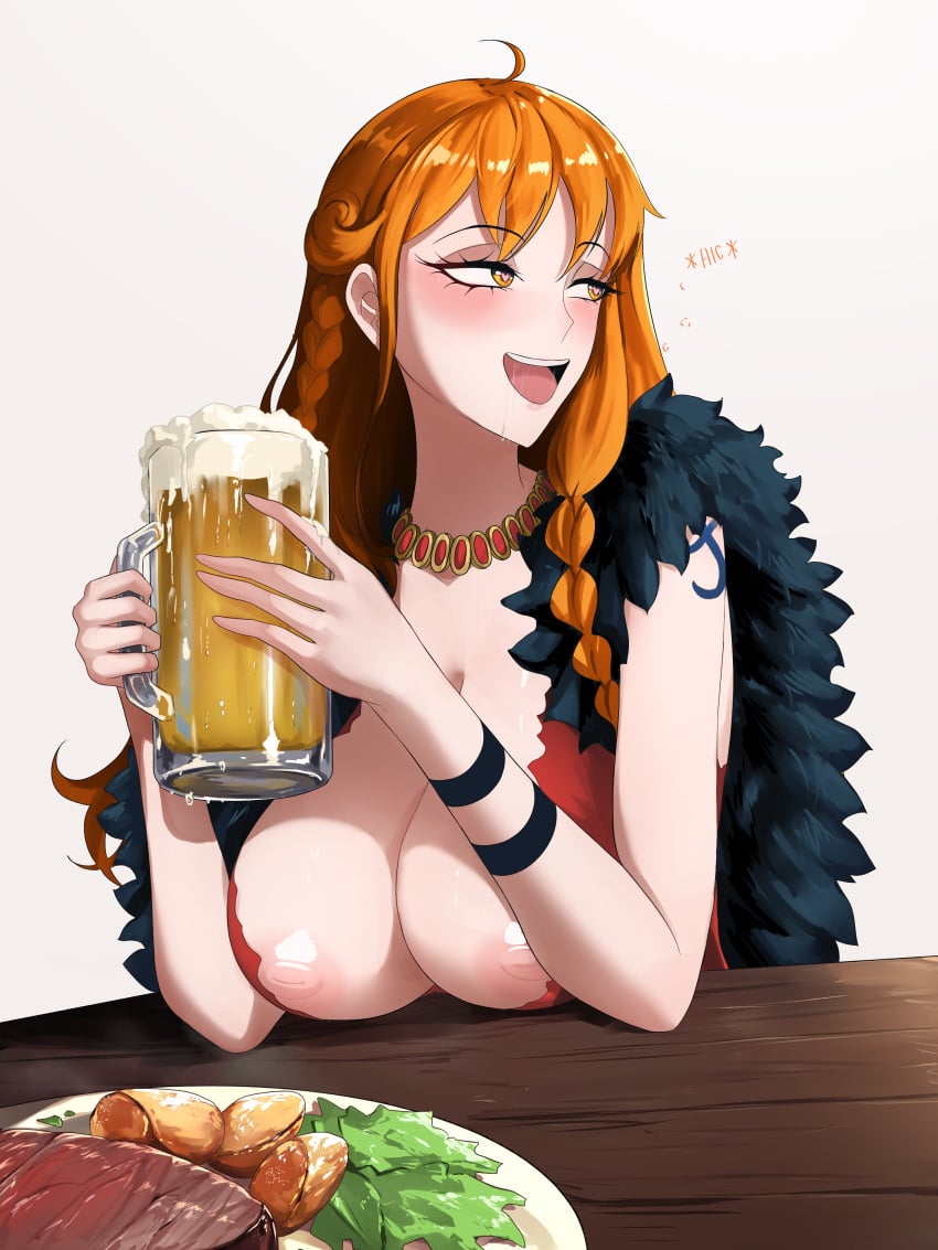 1girls alcohol alcoholic_drink areolae bare_breasts beer big_breasts blush breasts drunk exposed_breasts exposed_nipples female female_only long_hair nami nami_(one_piece) nipples one_piece one_piece:_elbaf_arc opalisart orange_hair post-timeskip smiling solo tagme