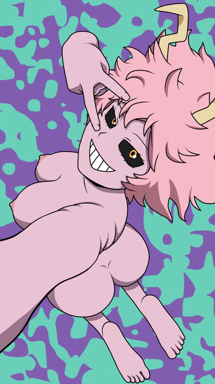 1girls alternate_version_available black_eyes female looking_at_viewer mina_ashido my_hero_academia naked naked_female nude nude_female peace_sign pink_hair pink_skin saucemon7 self_upload selfie solo solo_female