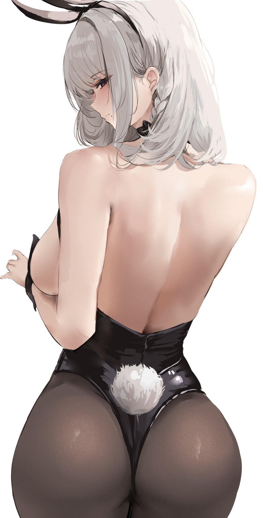 1girls absurdres animal_ears azur_lane backboob backless_leotard big_breasts black_hairband black_leotard black_pantyhose blush blushing_at_viewer braid breasts bunnysuit closed_eyes covered_nipples eyebrows_visible_through_hair fake_animal_ears fake_tail from_behind hair_ornament hairband hairpin highres huge_breasts large_breasts leotard liaowen light-skinned_female light_skin long_hair looking_at_viewer looking_back mole mole_under_mouth official_alternate_costume pantyhose playboy_bunny purple_hair rabbit_ears rabbit_tail san_jacinto_(azur_lane) san_jacinto_(flavor_of_the_day_)_(azur_lane) simple_background smile smiling smiling_at_viewer solo strapless strapless_leotard tail white_background white_hair