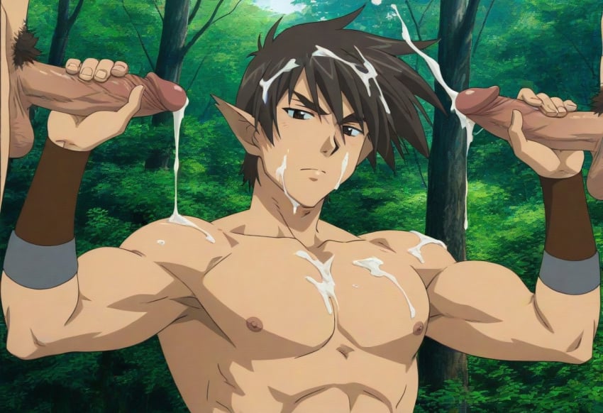 ai_art ai_assisted ai_generated bukkake cum_on_body cum_on_face cum_on_hair cumshot double_handjob facial gangbang gay group_sex handjob male_focus male_only oboro_(utawarerumono) orgy utawarerumono