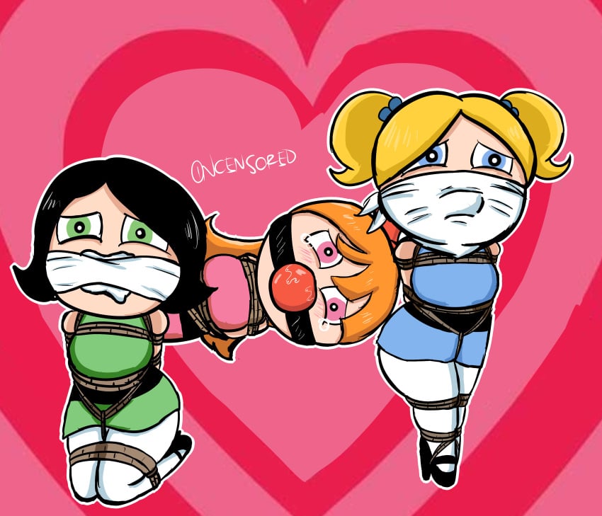 3girls ball_gag black_hair blonde_hair blossom_(powerpuff_girls) bondage bubbles_(powerpuff_girls) buttercup_(powerpuff_girls) female_only gag high_heels multiple_girls oncensored orange_hair powerpuff_girls rope_bondage sugar tears