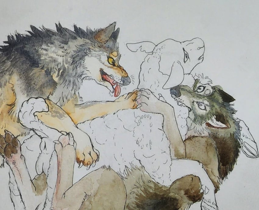 ambiguous_gender anus bite bovid briarlupine canid canine canis caprine female female/ambiguous feral feral_on_feral fur genitals group hi_res mammal painting_(artwork) predator/prey pussy sheep trio unfinished watercolor_(artwork) wolf wool_(fur)