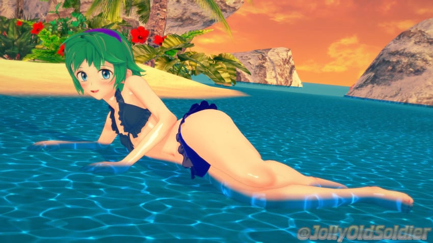 3d ass background bare_shoulders barefoot beach belly belly_button bikini blue_bikini blue_eyes blue_swimsuit blush breasts ear exposed_belly exposed_legs exposed_midriff exposed_shoulders feet fire_emblem fire_emblem:_the_blazing_blade fire_emblem_heroes flower frilled_bikini green_hair greenery hands_on_ground head_flower headband intelligent_systems jollyoldsoldier laying_down laying_on_beach laying_on_side midriff navel nino_(fire_emblem) nintendo ocean palm_tree purple_headwear round_ass shiny_skin shore small_breasts swimsuit toenails toes water watermark wet