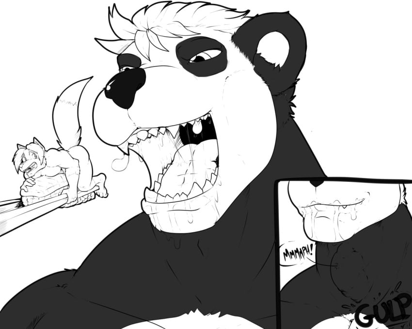 5:4 anthro bear bodily_fluids canid canine chopsticks drooling duo extreme_size_difference food fox giant_panda gulp_(sound_effect) hair looking_at_prey looking_back macro male male/male mammal micro micro_on_sushi monochrome muffled muffled_scream muffled_screaming neck_bulge open_mouth oral_vore pandottermon saliva size_difference sushi swallowing tail teeth tongue unwilling_prey uvula vore willing_pred