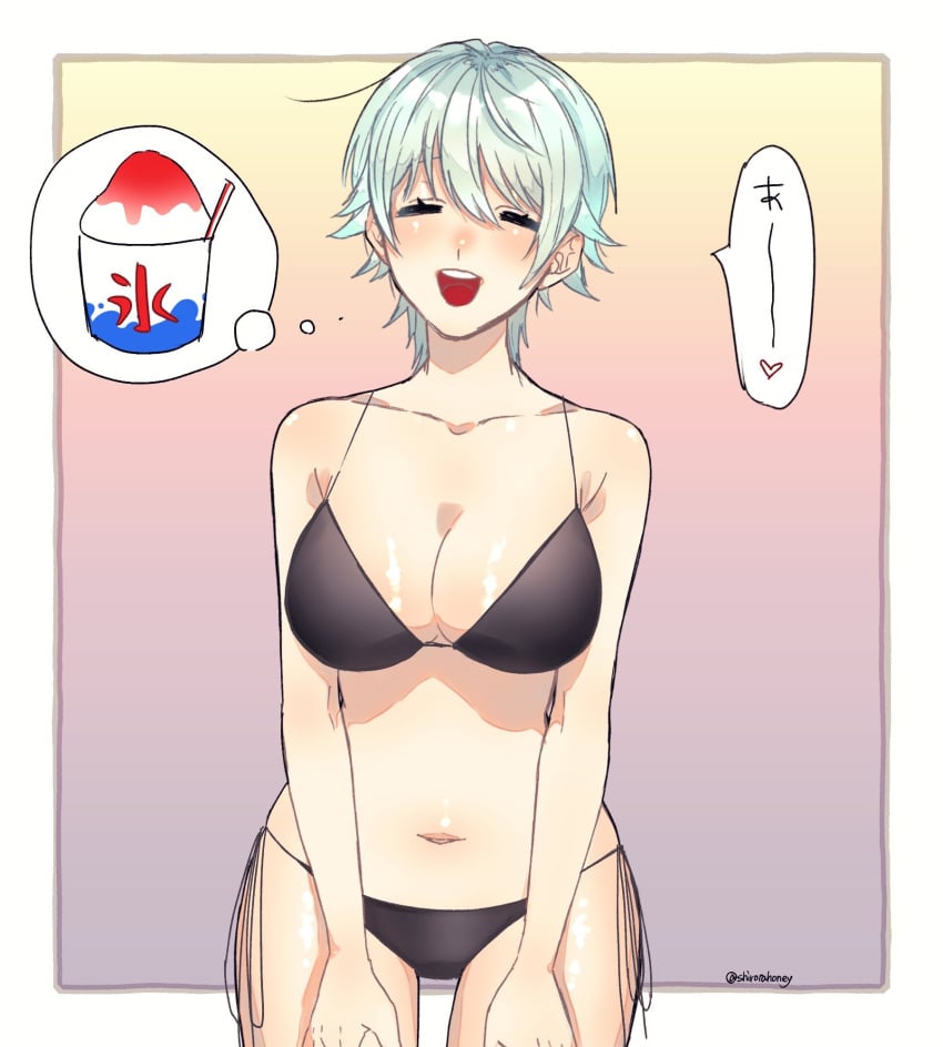 big_breasts bikini black_bikini canon_genderswap cleavage closed_eyes female female_only genderswap_(mtf) ginko_sakata gintama gintoki_sakata rule_63 shiny_skin shirotahoney short_hair silver_hair smile solo swimsuit very_short_hair white_hair wide_hips