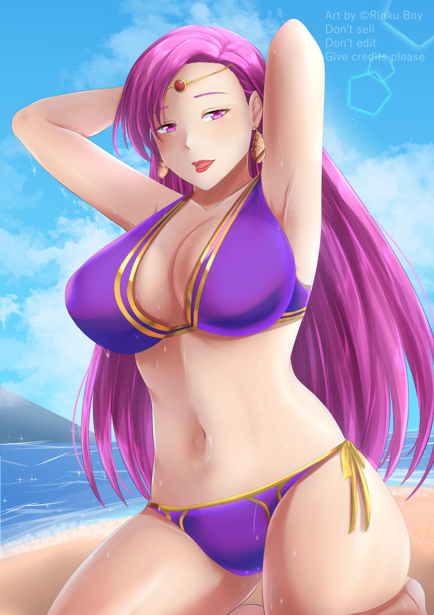 1girls alternate_costume arms_behind_head beach bikini brunnya_(fire_emblem) cleavage earrings fire_emblem fire_emblem:_the_binding_blade huge_breasts large_breasts lipstick nintendo ocean open_mouth open_smile purple_eyes purple_hair red_lipstick rinku_bny smile solo solo_female sweat swimsuit thick_thighs violet_eyes violet_hair wet