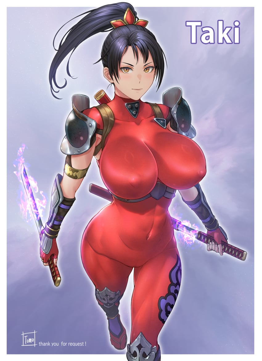 abs arm_guards armor black_hair bodysuit breasts covered_erect_nipples covered_navel dual_wielding female fingerless_gloves gloves highres holding holding_sword holding_weapon kodachi large_breasts long_hair ninja ponytail red_bodysuit short_sword shoulder_armor skin_tight sleeveless sleeveless_bodysuit solo soul_calibur soulcalibur soulcalibur_ii sword taki taki_(soulcalibur) tomo_eokaiteru weapon