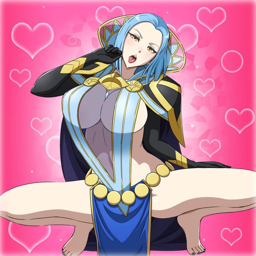 1girls arete_(fire_emblem) bare_legs barefoot blue_hair blush breasts cape covering covering_nipples elbow_gloves female fire_emblem fire_emblem_fates gloves heart highres huge_breasts legs looking_at_viewer milf nintendo no_bra no_panties no_underwear parted_lips pink_background see-through short_hair sideboob simple_background smile solo solo_female source_request squatting thighs yellow_eyes yuki_(12cut)