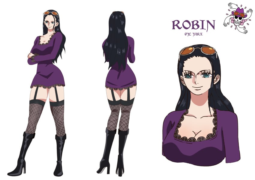 fishnet_legwear fishnet_stockings front_and_back front_view jarx mature_female nico_robin older_female one_piece posing purple_dress solo_female thriller_bark