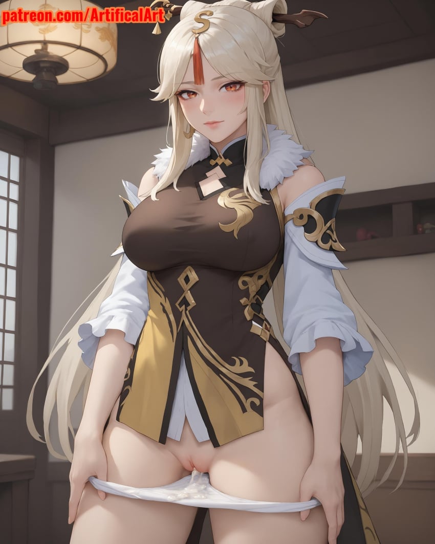 1girls ai_generated artifical_art big_breasts clitoris cum cum_on_panties cum_on_pussy female genshin_impact hair_ornament hairpin long_hair mature_female ningguang_(genshin_impact) panties panties_down perfect_body presenting_pussy pussy red_eyes thick_thighs white_hair