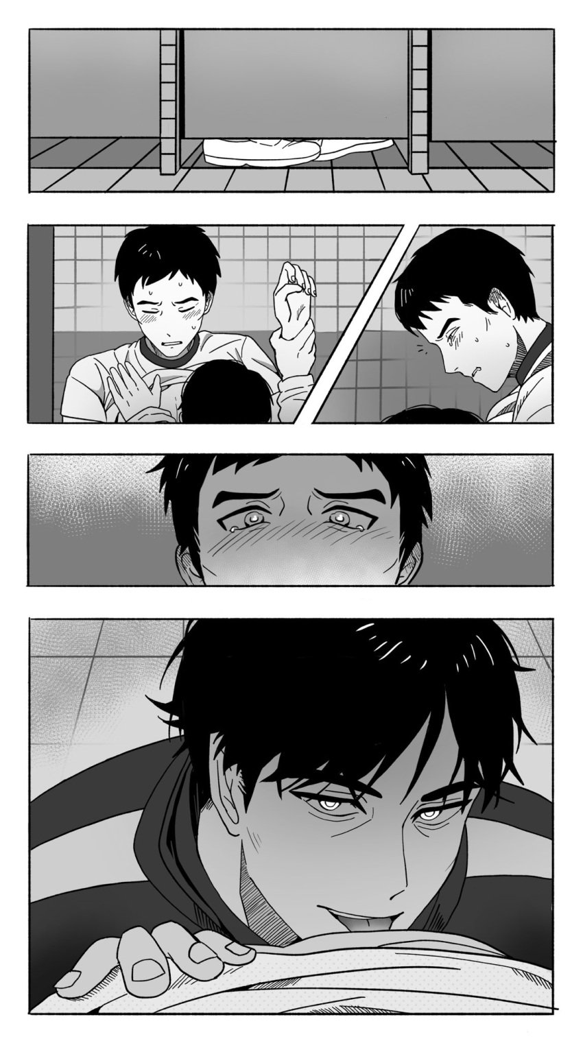 2boys bathroom_sex bathroom_stall black_and_white blush comic crying gay groping hwang_in-ho licking licking_nipples looking_at_partner looking_at_viewer male male/male male_focus male_only seong_gi-hun shirt_lift shirt_up short_hair squid_game tears yaoi