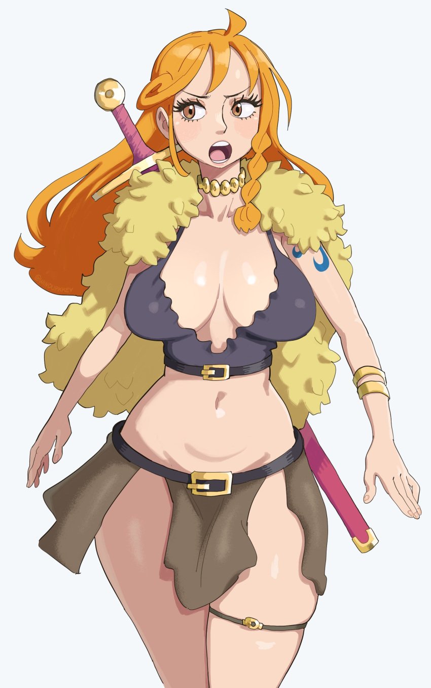 1girls belly_button belt belt_buckle big_breasts black_belt black_topwear blush boots braid braided_hair brown_boots brown_eyes brown_eyes_female brown_skirt cape cleavage clothing collarbone eyebrows eyelashes female female_only fit_female fur_boots gold_necklace large_breasts leg_belt long_hair long_hair_female nami nami_(elbaf) nami_(one_piece) necklace no_panties one_piece one_piece:_elbaf_arc orange_hair orange_hair_female pelvic_curtain short_skirt skirt solo sword topwear viking voluptuous voluptuous_female windupkkey yellow_cape