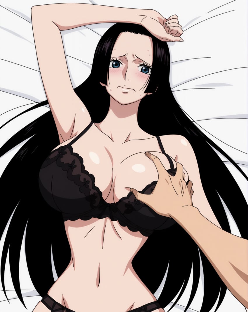 ai_generated black_bra black_hair blue_eyes boa_hancock breast_grab clothing female grabbing_another&#039;s_breast large_breasts lingerie long_hair male nervous one_piece pov pov_hands shy stickyai