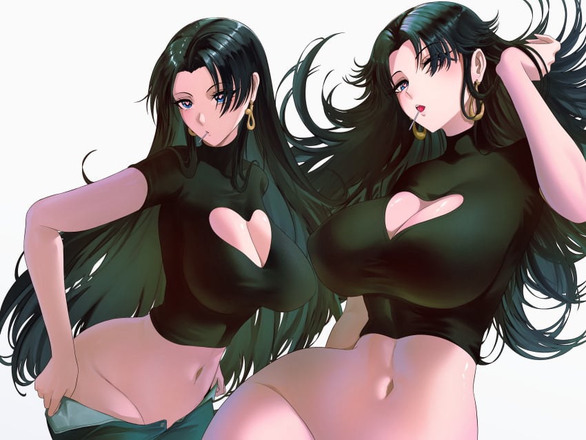 belly_button big_ass big_breasts black_hair blue_eyes boa_hancock child_bearing_hips cleavage earrings long_hair one_piece opalisart pants_around_one_leg pants_down pants_pull removing_pants slim_waist tagme thick_thighs top wide_hips