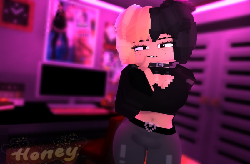 3d black_and_blonde_hair female honey_(theactualhoney) looking_at_viewer mine-imator minecraft theactualhoney