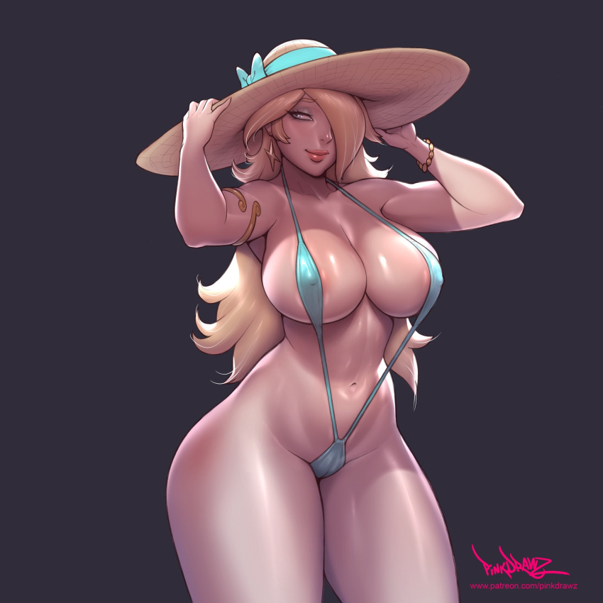 1girls absurd_res alternate_breast_size areola_slip areolae bimbo blonde_hair blue_eyes blush breasts female half-closed_eyes hat hi_res large_breasts long_hair looking_at_viewer mario_(series) nail_polish nintendo one-piece_swimsuit pinkdrawz princess_rosalina sideboob sling_swimsuit smile solo standing super_mario_galaxy swimsuit upper_body wide_hips