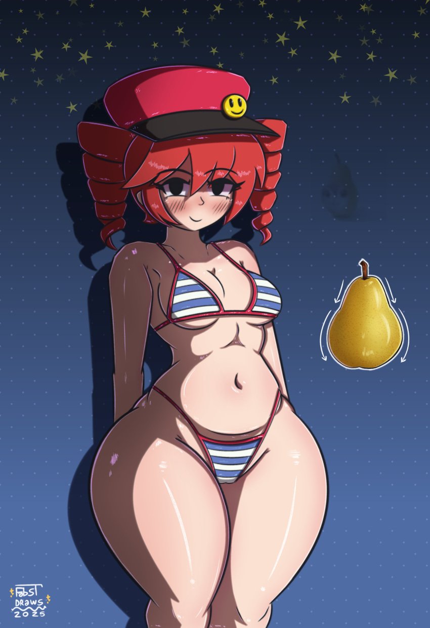 1girls 2d 2d_(artwork) bikini blush bottom_heavy breasts cleavage cleft_of_venus curvaceous curvy curvy_female erofabist fabstdraws female female_only fruit hat hourglass_figure huge_hips huge_thighs kasane_teto kasane_teto_(sv) medium_breasts meme meme_reference mesmerizer_(vocaloid) mesmerizer_teto navel pear_shaped_female red_eyes red_hair small_bikini solo solo_female synthesizer_v thick_thighs thighs twin_drills utau wide_hips