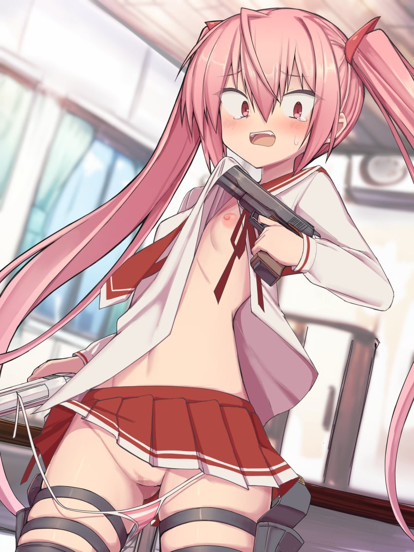 absurdres blush bookshelf breasts censored clothes_lift commentary crying crying_with_eyes_open dual_wielding female gun hair_between_eyes hidan_no_aria highres holding holding_gun holding_weapon holster indoors kanzaki_h._aria konnyakugozen lifting_own_clothes mosaic_censoring nipples open_mouth paid_reward_available panties pink_hair pink_stripes pleated_skirt pussy red_eyes red_skirt school_uniform serafuku shirt_lift side-tie_panties skirt small_breasts striped_clothes striped_panties tears teeth thigh_holster thigh_strap twintails underwear upper_teeth_only wardrobe_malfunction weapon window young