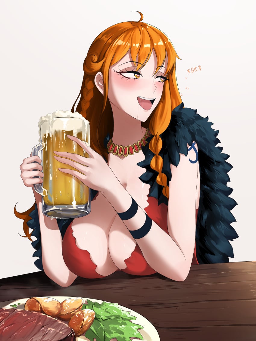 1girls alcohol alcoholic_drink beer big_breasts blush cleavage clothing drunk female female_only long_hair nami nami_(elbaf) nami_(one_piece) one_piece one_piece:_elbaf_arc opalisart orange_hair post-timeskip smiling solo tagme