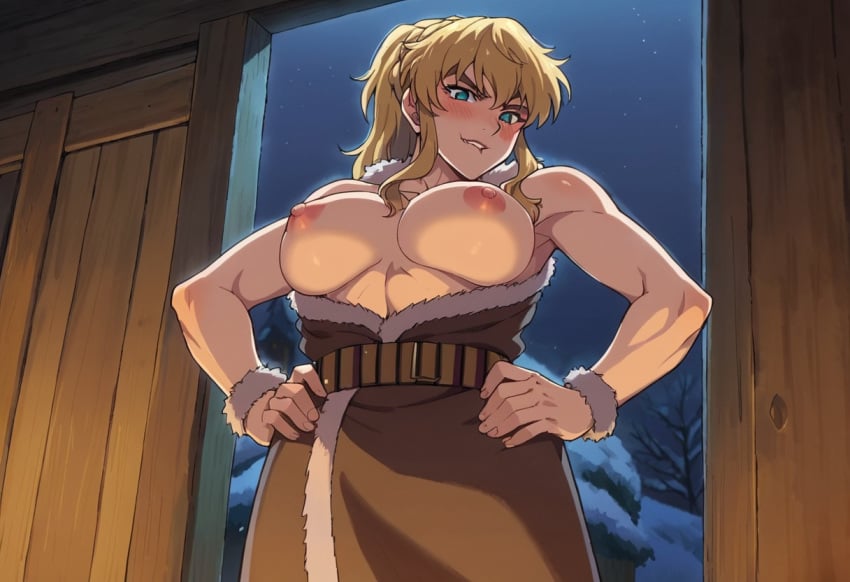 ai_generated armpits bare_shoulders big_breasts big_breasts biting_lip blonde_female blonde_hair blonde_hair_female blue_eyes blush breasts_out eye_contact female female_focus female_only hands_on_hips large_breasts light-skinned_female looking_at_viewer looking_down low-angle_view messy_hair nipples open_clothes open_clothing open_jacket ponytail seductive seductive_look stable_diffusion strong_woman undressing viking_female vinland_saga ylva_(vinland_saga)